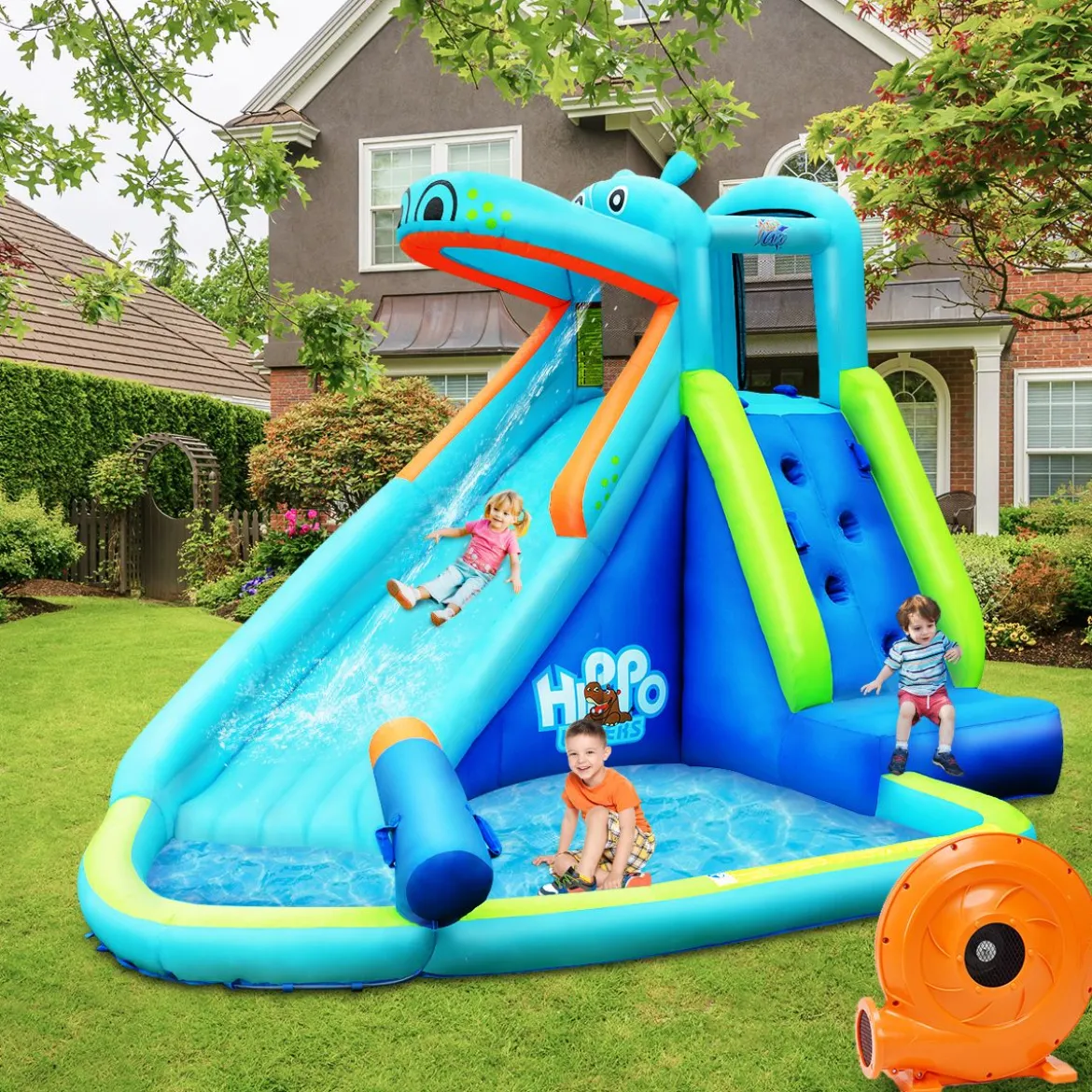 Hüpfburg aufblasbar Wasserrutsche Aufblasbare Spielpool Wasserspielcenter mit Rutsche 350*300*225cm