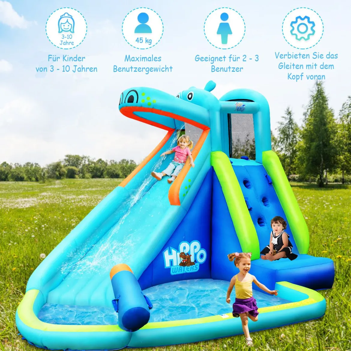 Hüpfburg aufblasbar Wasserrutsche Aufblasbare Spielpool Wasserspielcenter mit Rutsche 350*300*225cm