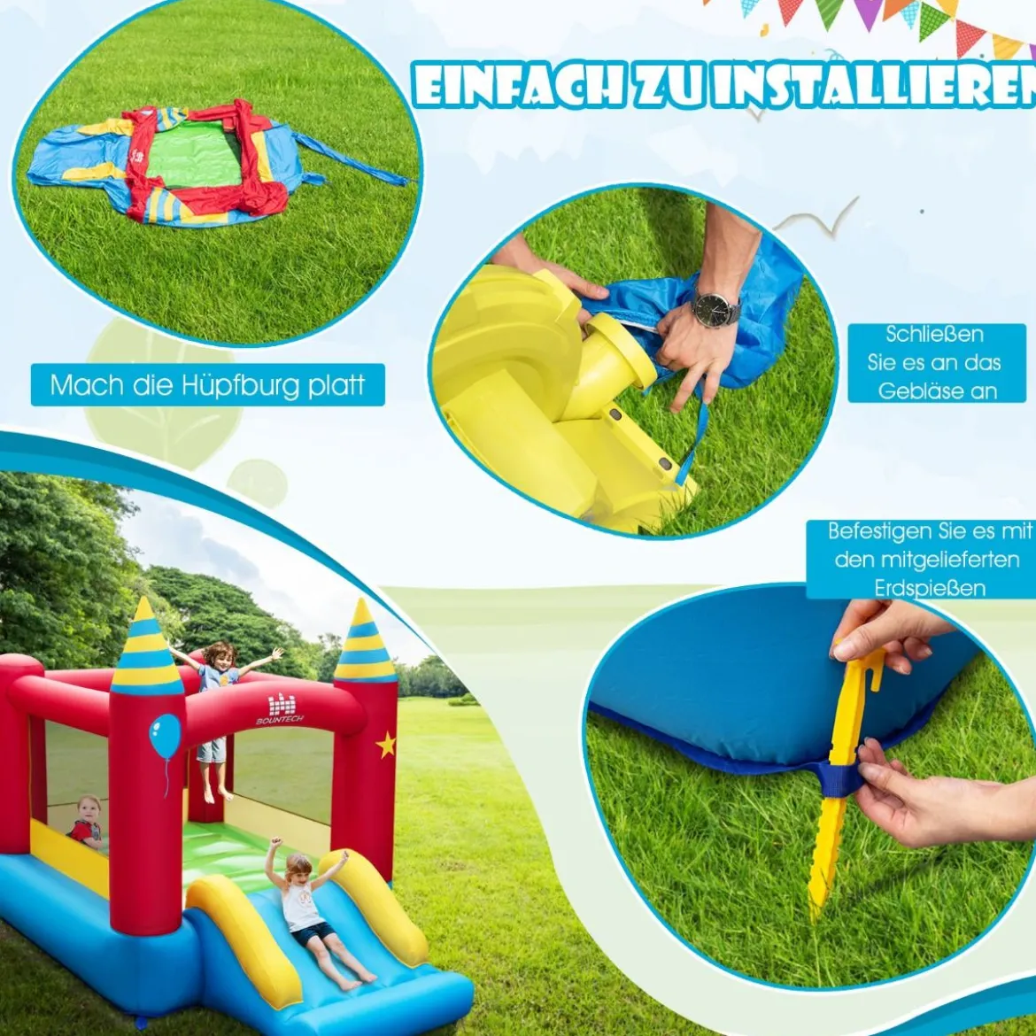Hüpfburg Kinderhüpfhaus Tragbares Spielparadies 190 x 260 x 205 cm (mit 370-W-Gebläse)