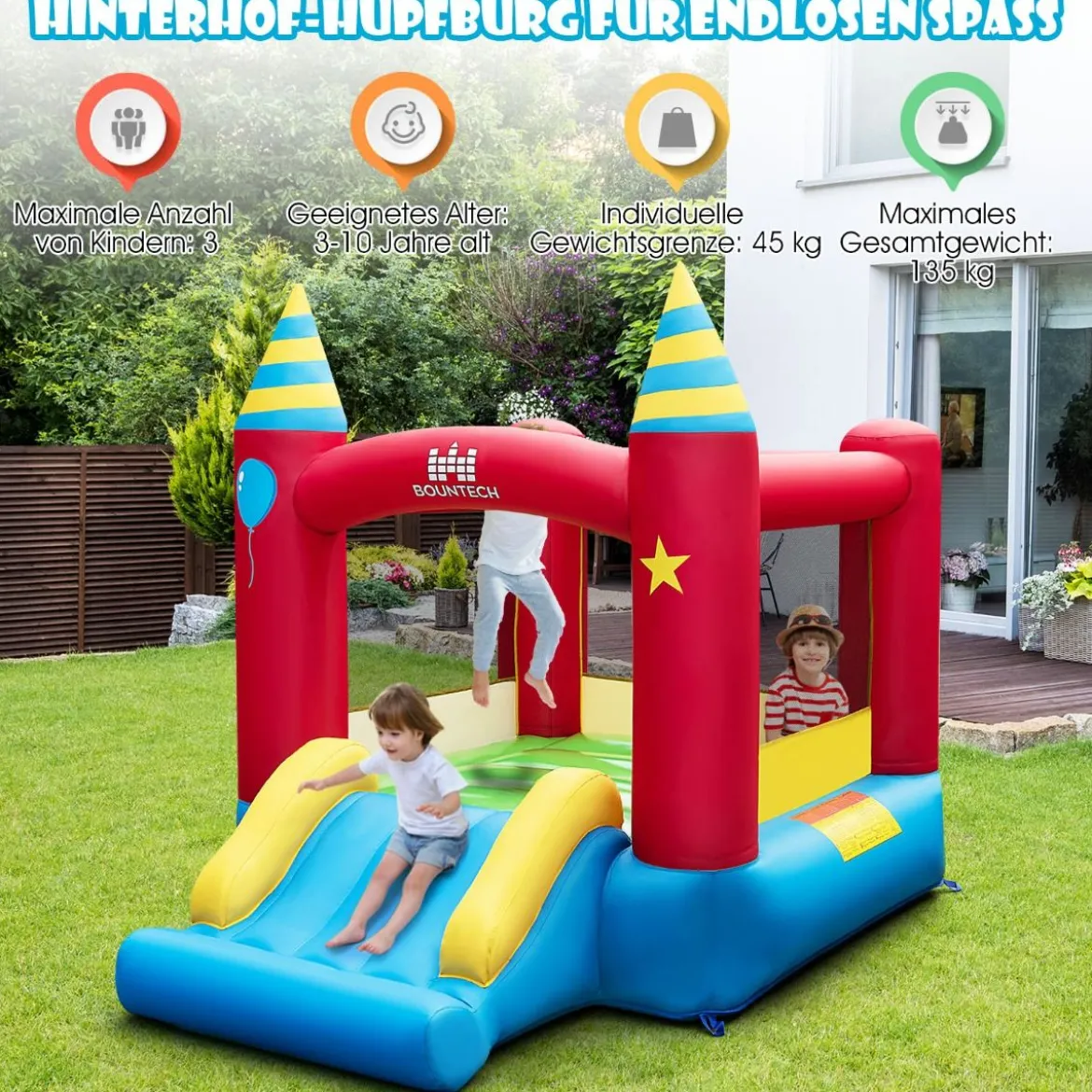 Hüpfburg Kinderhüpfhaus Tragbares Spielparadies 190 x 260 x 205 cm (mit 370-W-Gebläse)