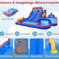 Hüpfburg mit Doppelrutschen & Planschbecken & Sprungbereich & Kletterwand & Basketballkorb & 3 Wasserkanonen