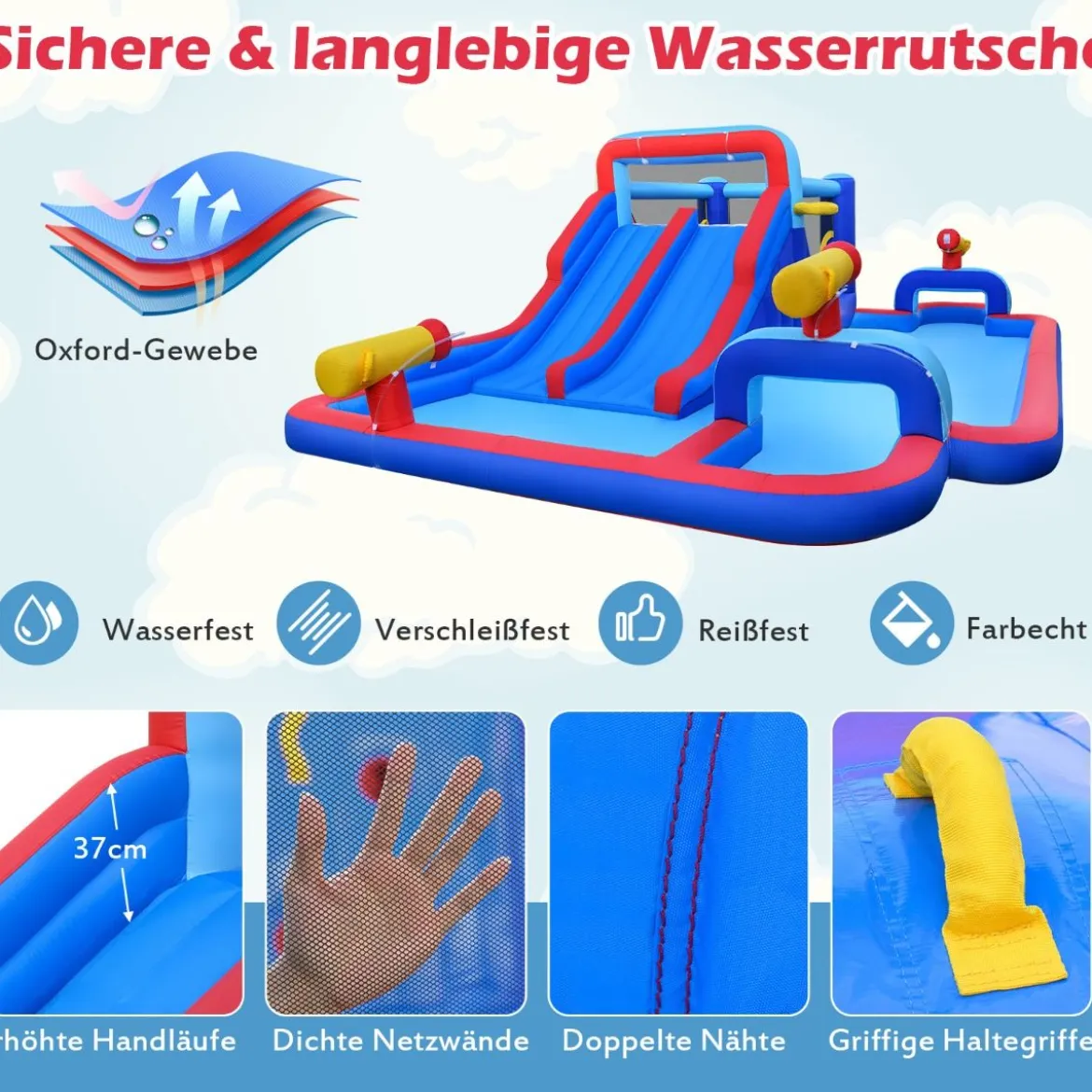 Hüpfburg mit Doppelrutschen & Planschbecken & Sprungbereich & Kletterwand & Basketballkorb & 3 Wasserkanonen