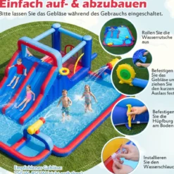 Hüpfburg mit Doppelrutschen & Planschbecken & Sprungbereich & Kletterwand & Basketballkorb & 3 Wasserkanonen