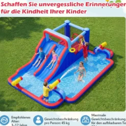 Hüpfburg mit Doppelrutschen & Planschbecken & Sprungbereich & Kletterwand & Basketballkorb & 3 Wasserkanonen