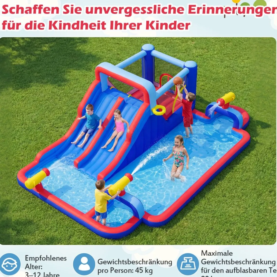 Hüpfburg mit Doppelrutschen & Planschbecken & Sprungbereich & Kletterwand & Basketballkorb & 3 Wasserkanonen