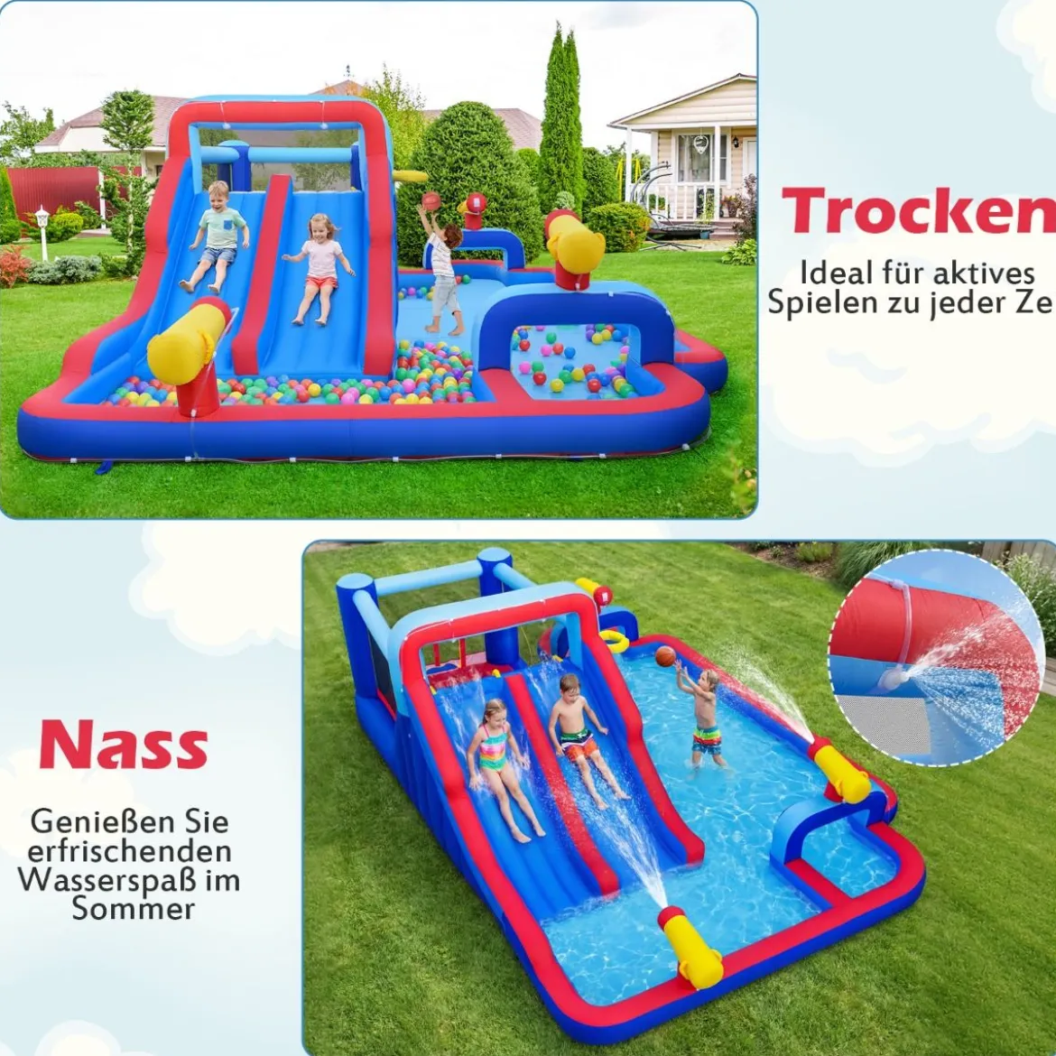 Hüpfburg mit Doppelrutschen & Planschbecken & Sprungbereich & Kletterwand & Basketballkorb & 3 Wasserkanonen