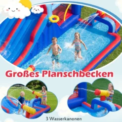 Hüpfburg mit Doppelrutschen & Planschbecken & Sprungbereich & Kletterwand & Basketballkorb & 3 Wasserkanonen