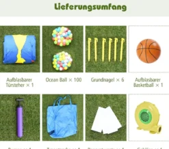 Hüpfburg mit Gebläse & Rutsche & Sprungbereich & Basketballkorb & 100 Bälle & Tragetasche
