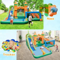Hüpfburg mit Rutsche & Kletterwand & Basketballkorb & Fußballtor Wasserpark