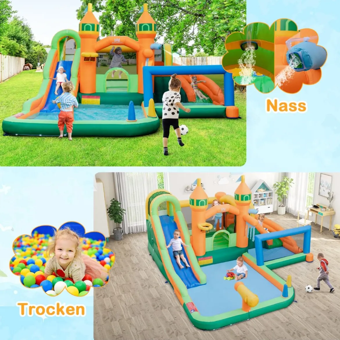 Hüpfburg mit Rutsche & Kletterwand & Basketballkorb & Fußballtor Wasserpark