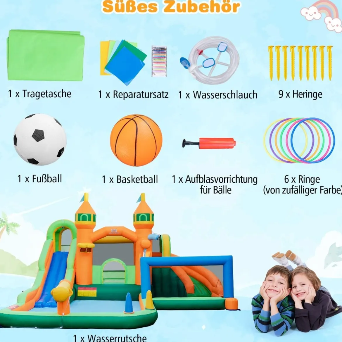 Hüpfburg mit Rutsche & Kletterwand & Basketballkorb & Fußballtor Wasserpark