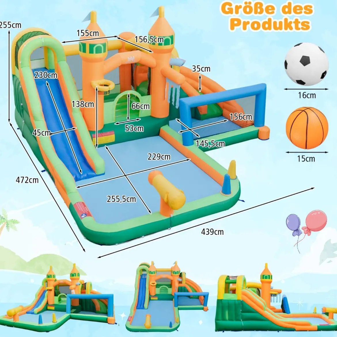 Hüpfburg mit Rutsche & Kletterwand & Basketballkorb & Fußballtor Wasserpark