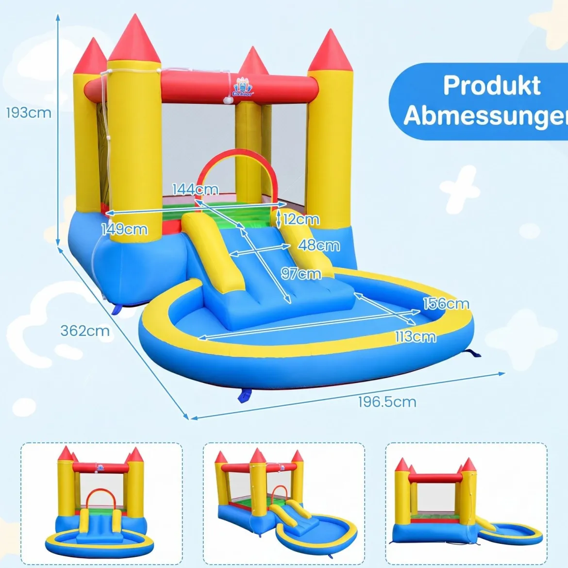 Hüpfburg mit Rutsche & Sprungbereich 362 x 196,5 x 193 cm+450W Gebläse für Hüpfburg Set