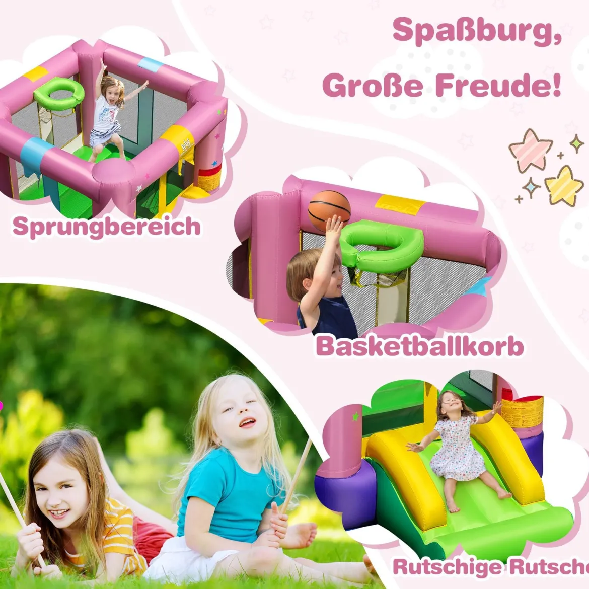 Hüpfburg mit Rutsche & Sprungbereich & Basketballkorb & Tragetasche & Reparaturset