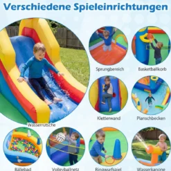 Hüpfburg mit Wasserrutsche, Kletterwand, Sprungbereich, Bällebad, Ringwurfspiel (Ohne Gebläse)