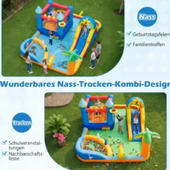 Hüpfburg mit Wasserrutsche, Kletterwand, Sprungbereich, Bällebad, Ringwurfspiel (Ohne Gebläse)