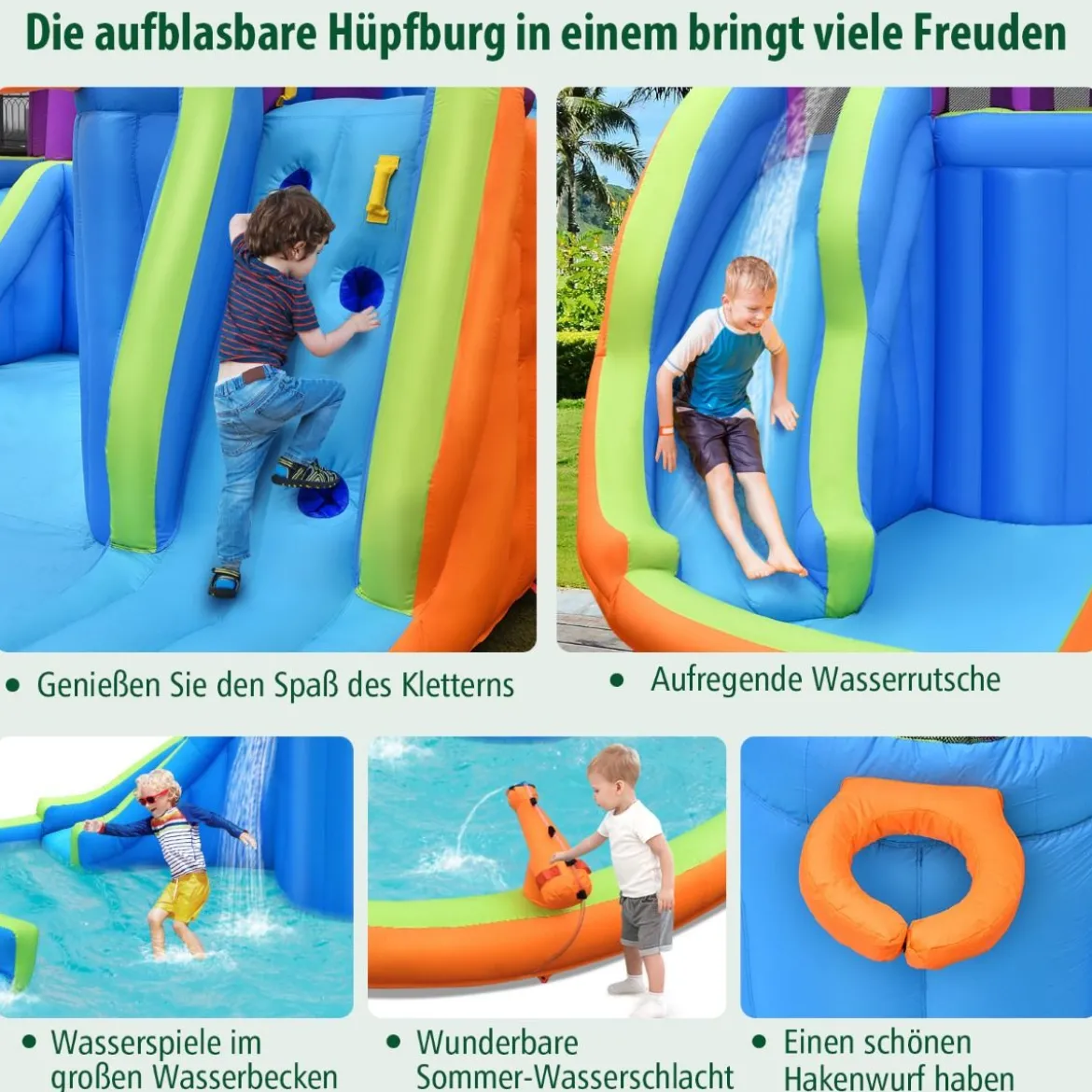 Hüpfburg mit Wasserrutsche Kletterwand 4 Sprinklern 2 Wasserwerfern & Planschbecken (ohne Gebläse)