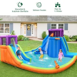Hüpfburg mit Wasserrutsche Kletterwand 4 Sprinklern 2 Wasserwerfern & Planschbecken (ohne Gebläse)