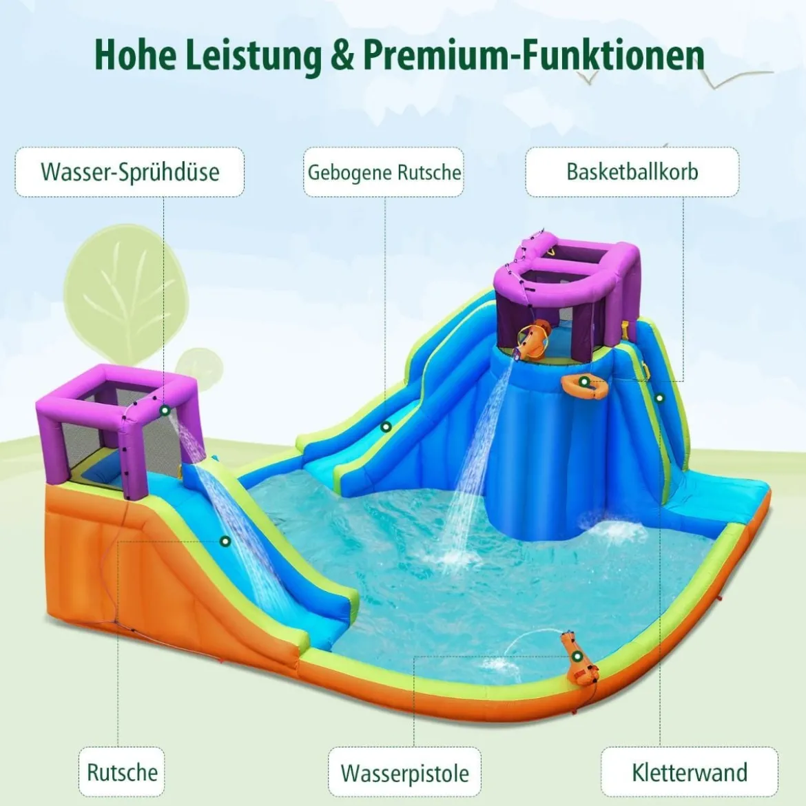Hüpfburg mit Wasserrutsche Kletterwand 4 Sprinklern 2 Wasserwerfern & Planschbecken (ohne Gebläse)