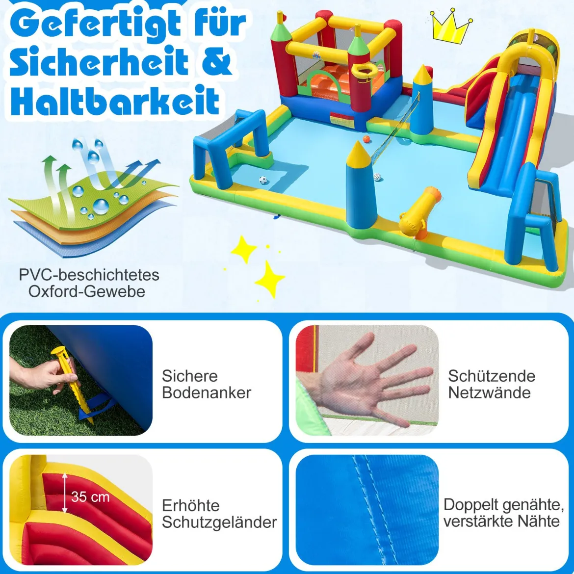 Hüpfburg mit Wasserrutsche Planschbecken Kletterwand Basketballkorb Sprungbereich 500 x 410 x 190 cm (ohne Gebläse)
