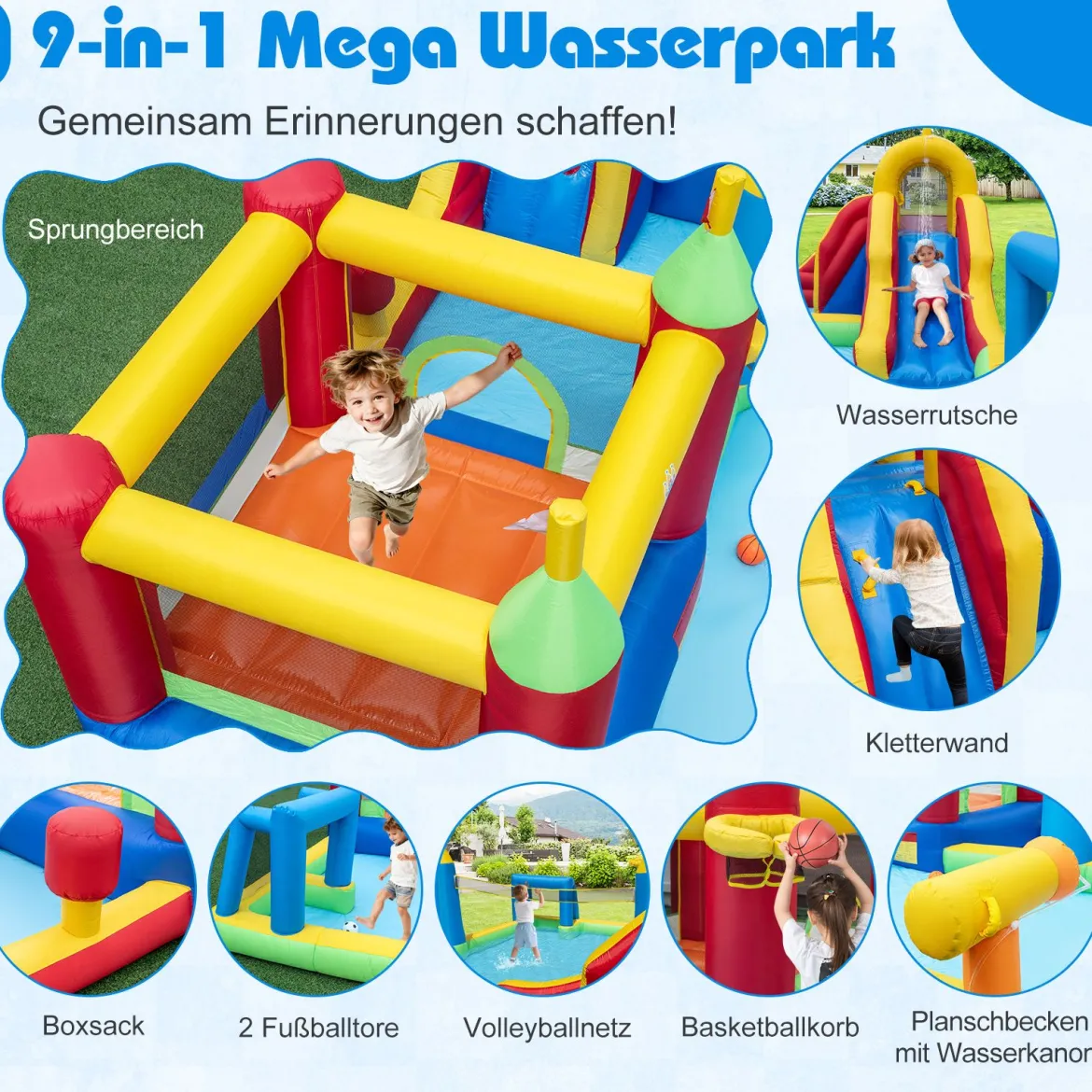 Hüpfburg mit Wasserrutsche Planschbecken Kletterwand Basketballkorb Sprungbereich 500 x 410 x 190 cm (ohne Gebläse)