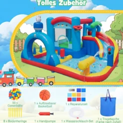 Hüpfburg mit Wasserrutsche Sprungbereich Planschbecken Wasserkannonen Boxsack Ringwurfspiel (ohne Gebläse)