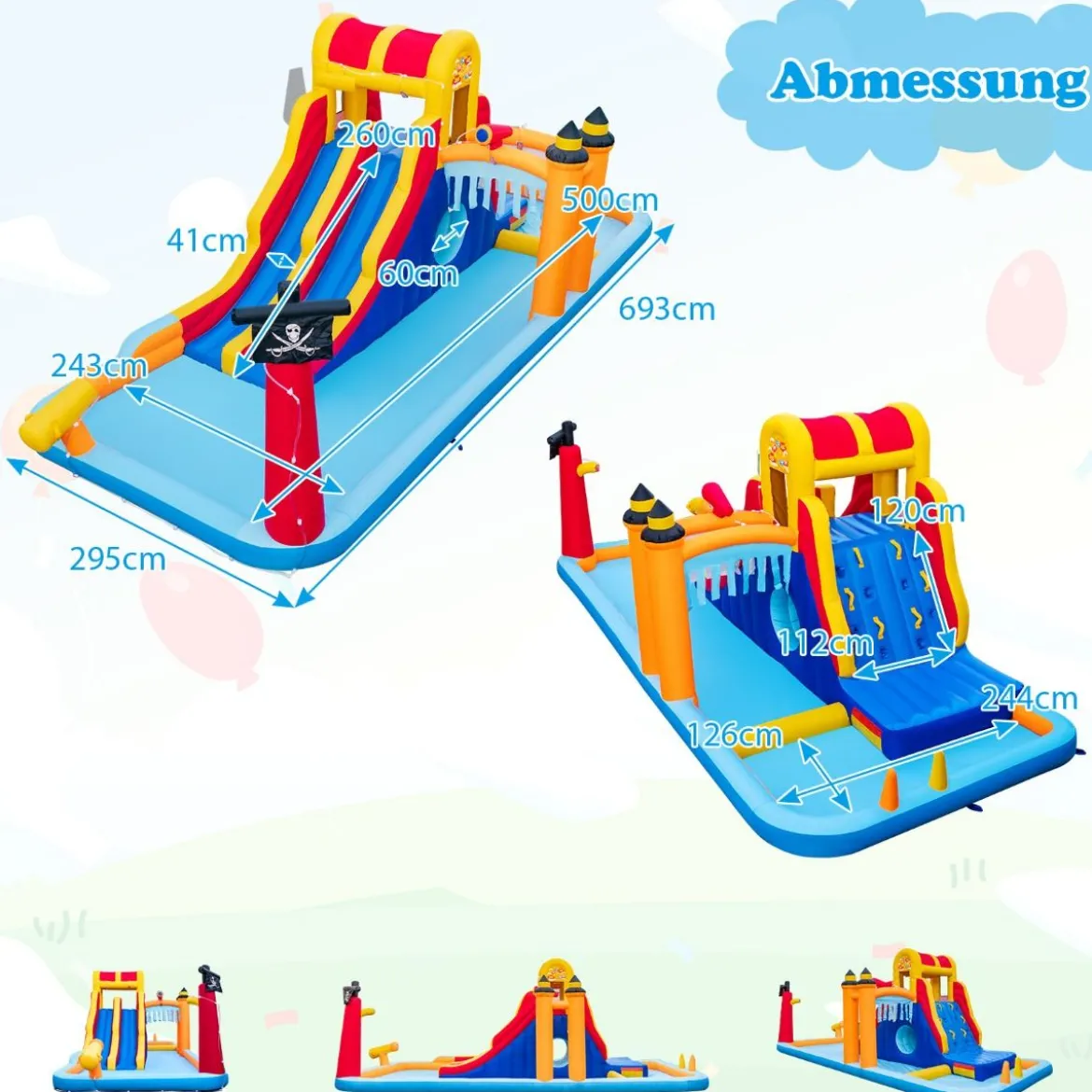 Hüpfburg mit Zwei Rutschen Kletterwand Kriechhöhle Wasserkanone & Planschbecke 693 x 295 x 263 cm