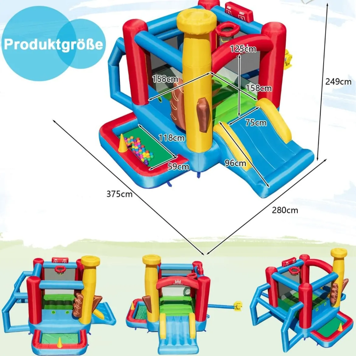 Hüpfburg Spielburg im Baseball-Thema für Kinder mit Bällebad & Rutsche & Meeresbällen 280 x 375 x 249 cm