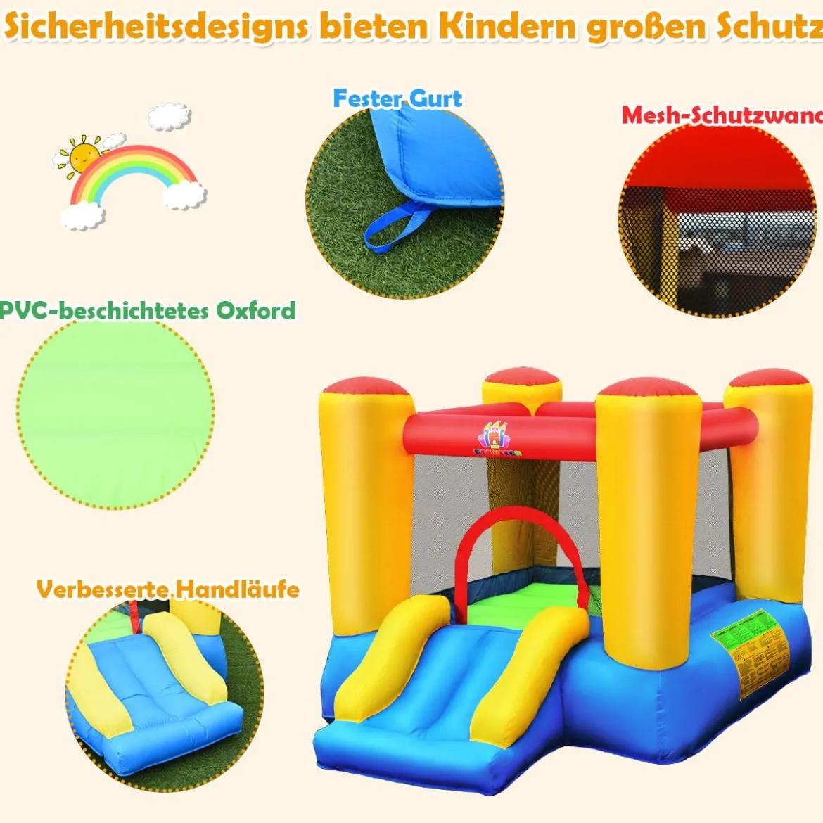 Hüpfburg und 300W Gebläse Kombination mit Rutsche Aufblasbares Outdoor Trampolin Spielburg 294x283x169cm