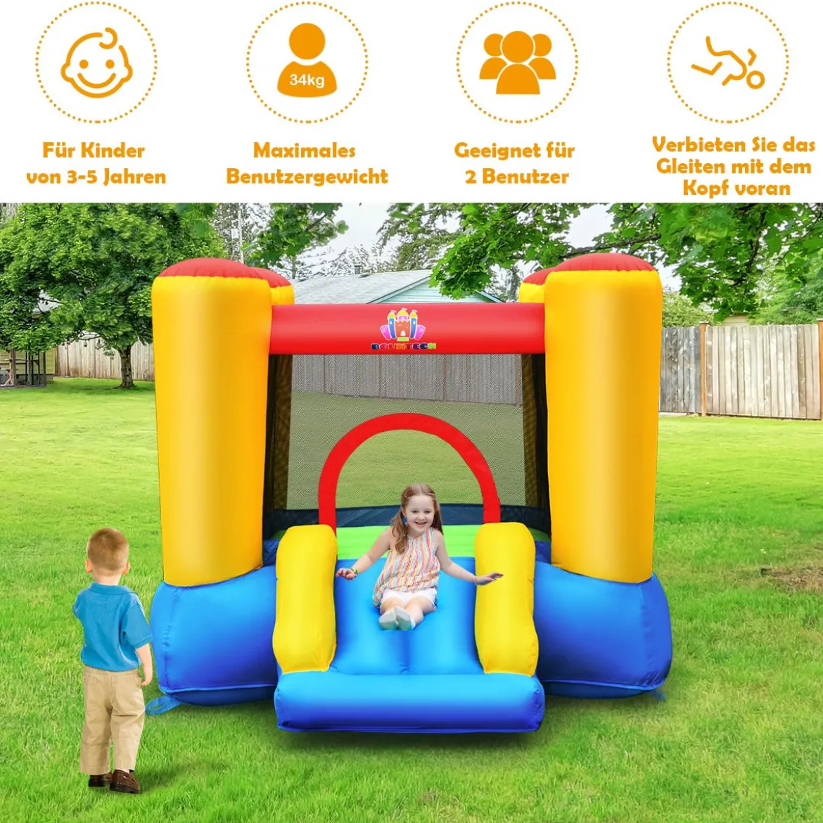 Hüpfburg und 300W Gebläse Kombination mit Rutsche Aufblasbares Outdoor Trampolin Spielburg 294x283x169cm