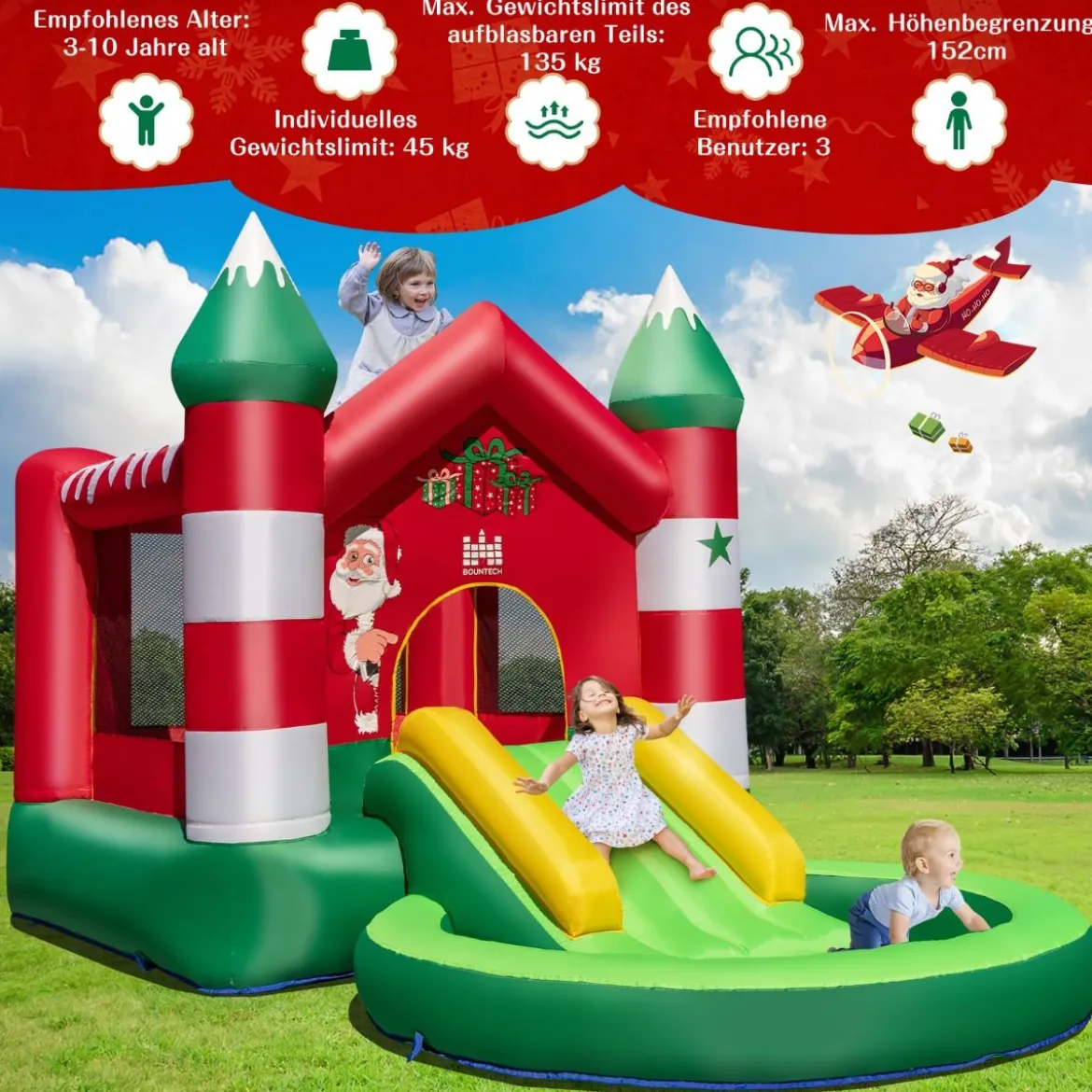 Hüpfburg Weihnachtliches Aufblasbares Kinderschloss mit Rutsche und Gebläse 390 x 210 x 220 cm