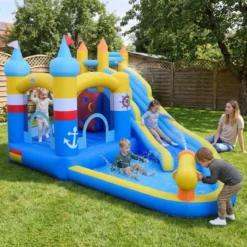 Hüpfburg + 750W Gebläse Set Wasserhüpfburg mit Wasserrutsche & Planschbecken & Wasserkanone