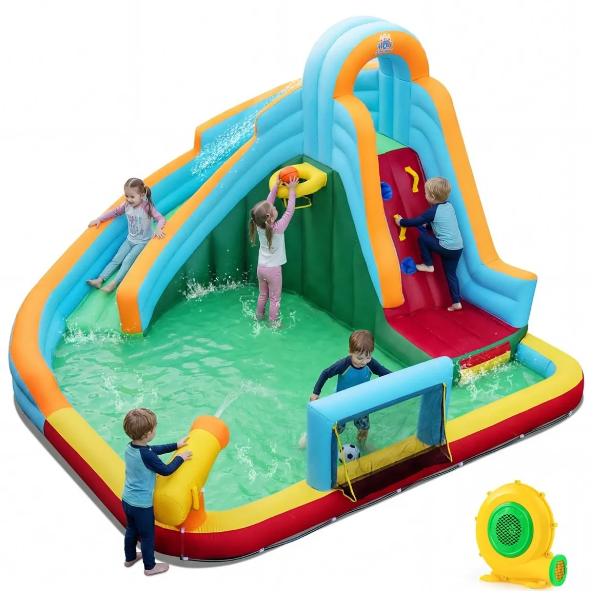 Hüpfburg +680W Gebläse Set Wasserhüpfburg mit Wasserrutsche & Kletterwand & Wasserkanone