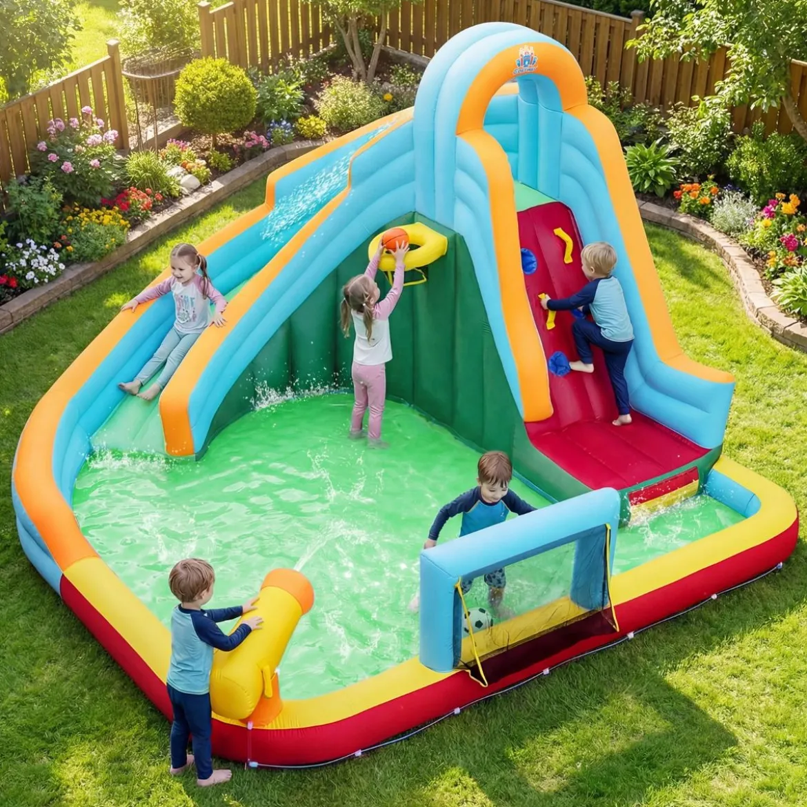 Hüpfburg +680W Gebläse Set Wasserhüpfburg mit Wasserrutsche & Kletterwand & Wasserkanone