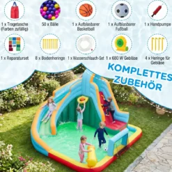 Hüpfburg +680W Gebläse Set Wasserhüpfburg mit Wasserrutsche & Kletterwand & Wasserkanone