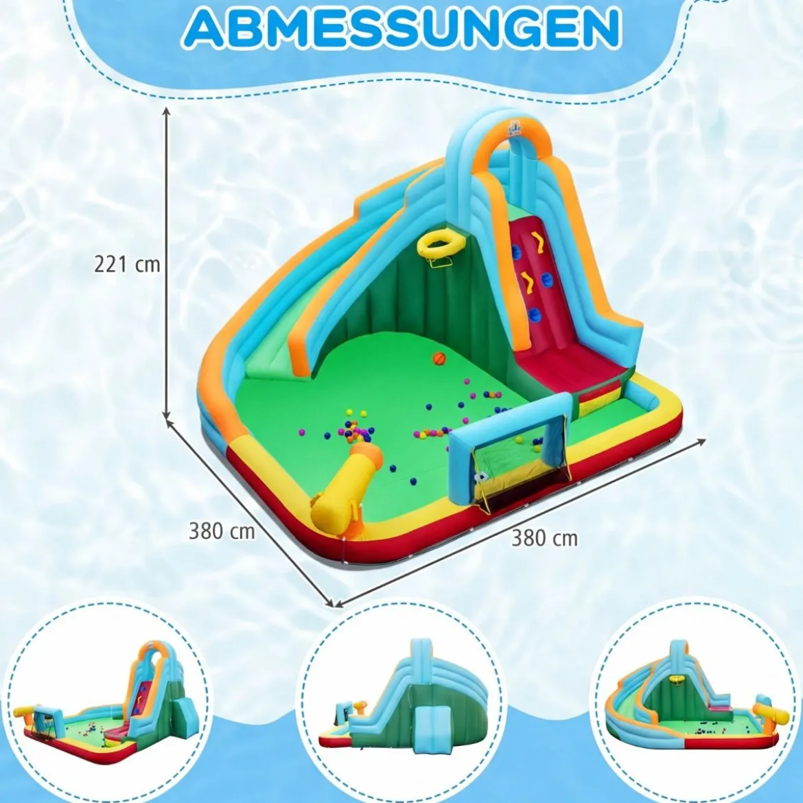 Hüpfburg +680W Gebläse Set Wasserhüpfburg mit Wasserrutsche & Kletterwand & Wasserkanone