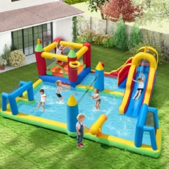 Hüpfburg + 680W Gebläse Set Wasserhüpfburg mit Wasserrutsche & Kletterwand & Planschbecken