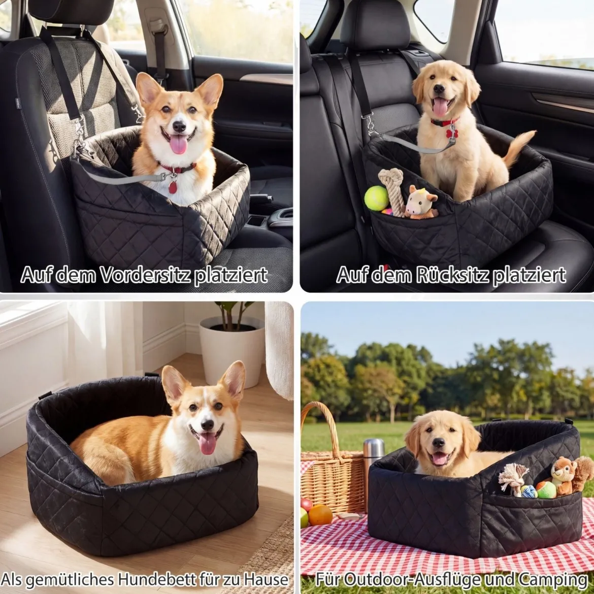 Hunde Autositz für Kleine/Mittlere Hunde Weicher Hundeautositz mit Sicherheitsgurten Seitentaschen Schwarz