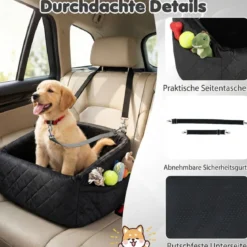 Hunde Autositz für Kleine/Mittlere Hunde Weicher Hundeautositz mit Sicherheitsgurten Seitentaschen Schwarz