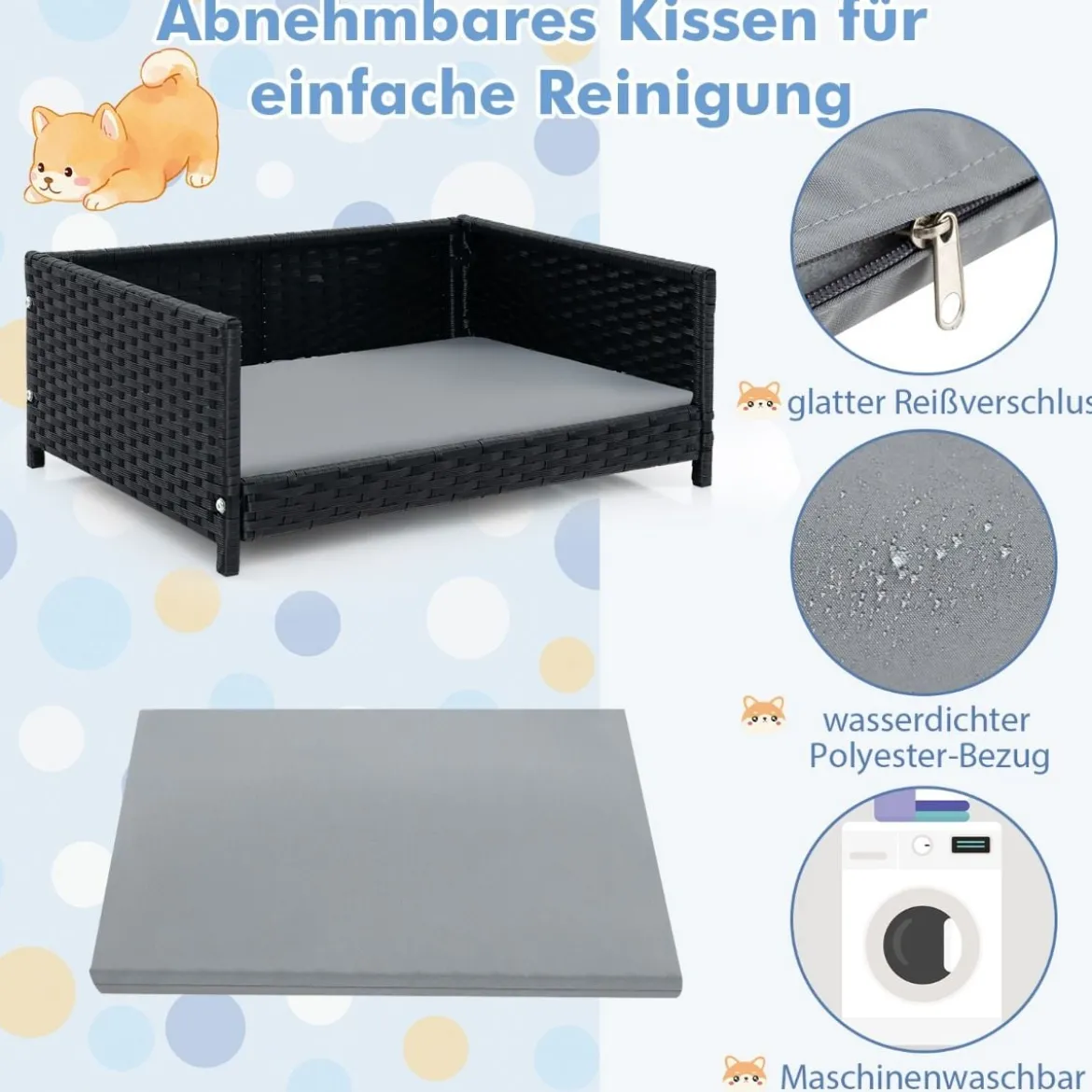 Hundebett aus PE-Rattan mit Abnehmbarem Kissen & Waschbarem Bezug Haustierbett
