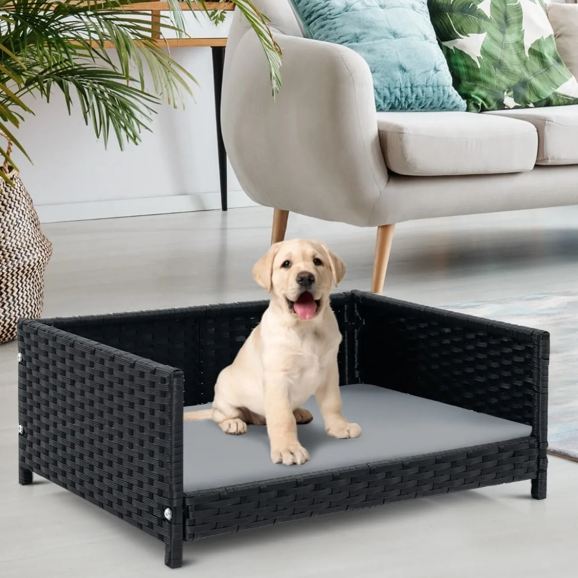 Hundebett aus PE-Rattan mit Abnehmbarem Kissen & Waschbarem Bezug Haustierbett