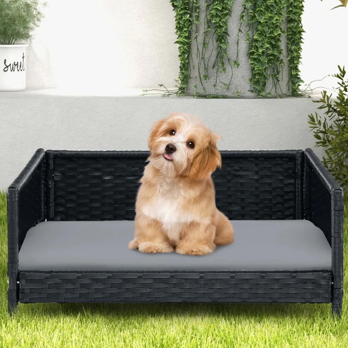 Hundebett aus PE-Rattan mit Abnehmbarem Kissen & Waschbarem Bezug Haustierbett