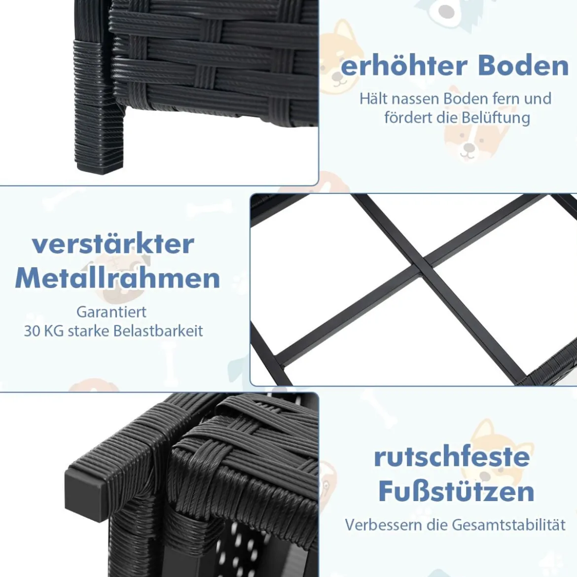 Hundebett aus PE-Rattan mit Abnehmbarem Kissen & Waschbarem Bezug Haustierbett