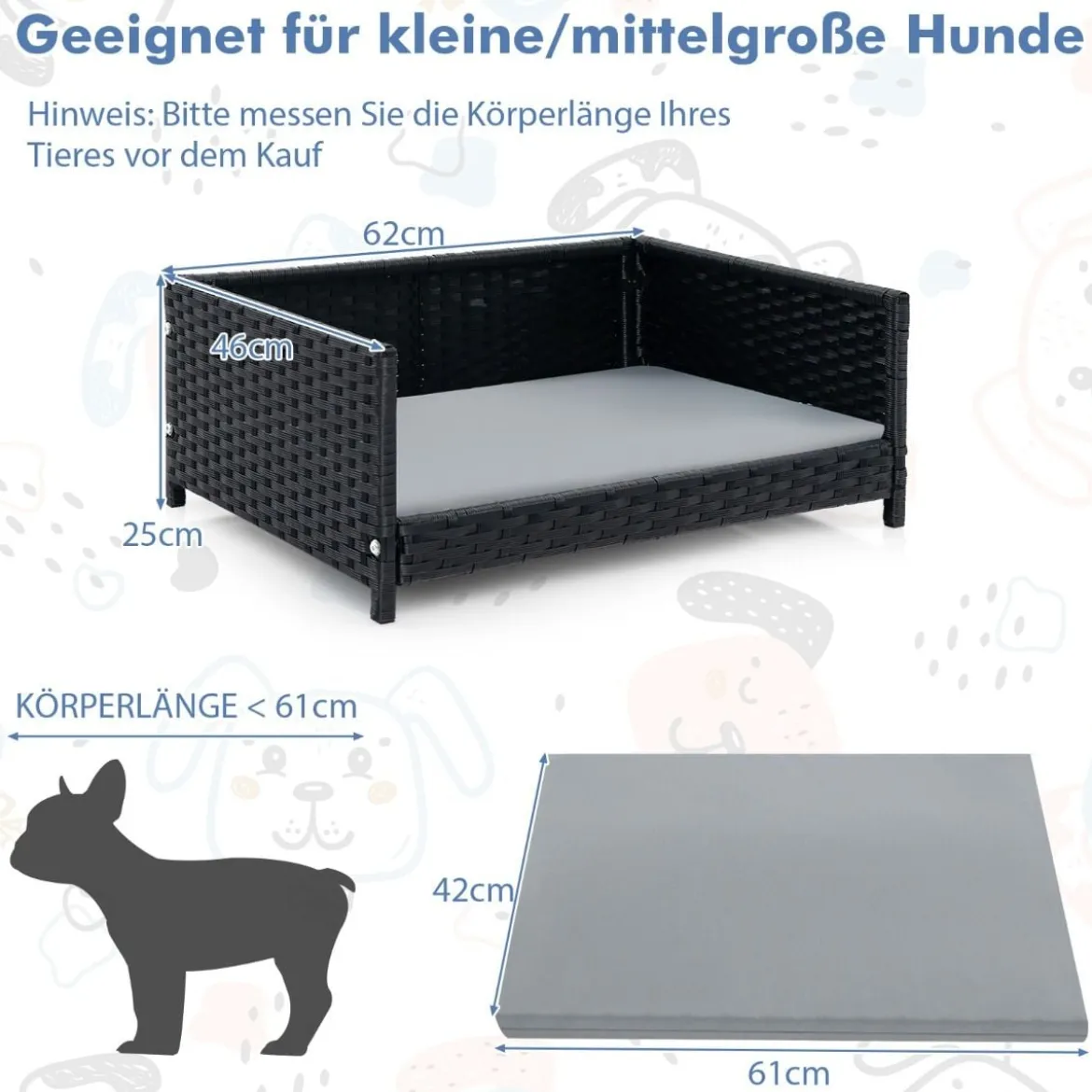 Hundebett aus PE-Rattan mit Abnehmbarem Kissen & Waschbarem Bezug Haustierbett