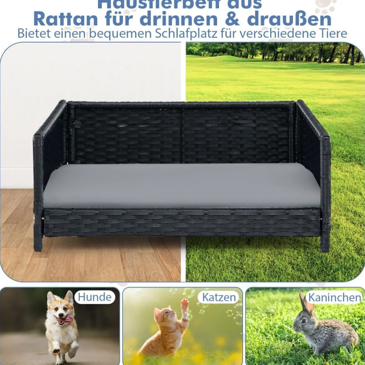 Hundebett aus PE-Rattan mit Abnehmbarem Kissen & Waschbarem Bezug Haustierbett