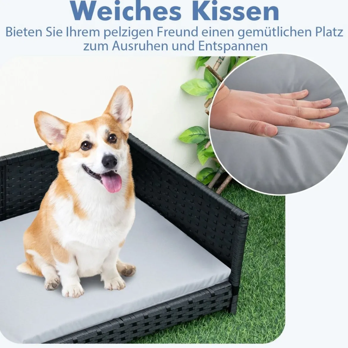Hundebett aus PE-Rattan mit Abnehmbarem Kissen & Waschbarem Bezug Haustierbett