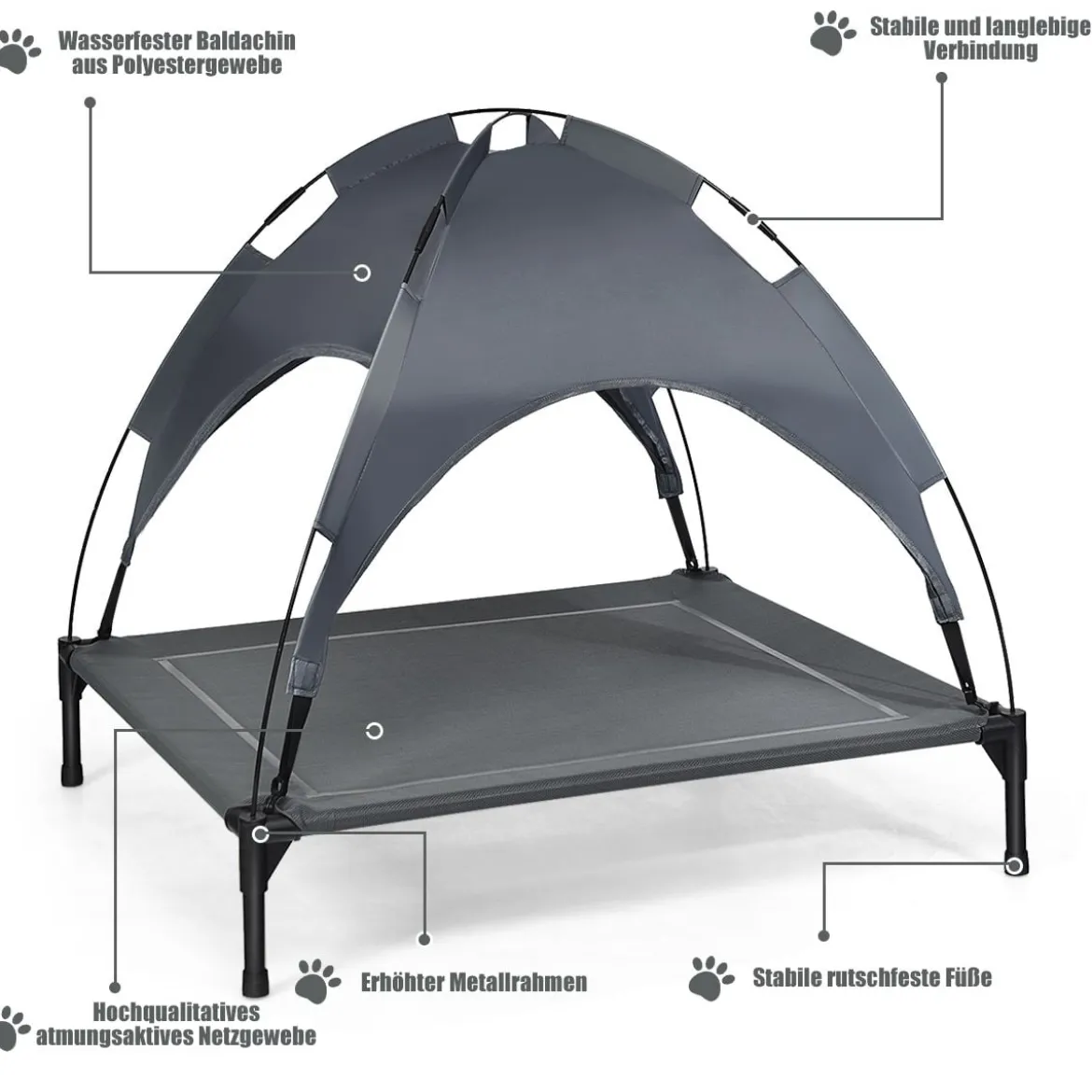 Hundebett mit Baldachin Hundeliege Garten Haustierbett und Zelt 105 x 87 x 89 cm Grau