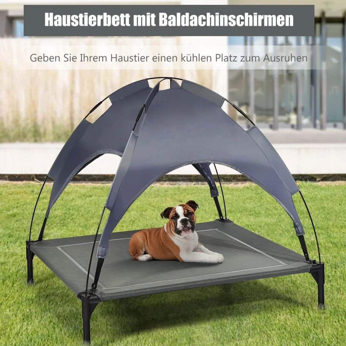 Hundebett mit Baldachin Hundeliege Garten Haustierbett und Zelt 105 x 87 x 89 cm Grau