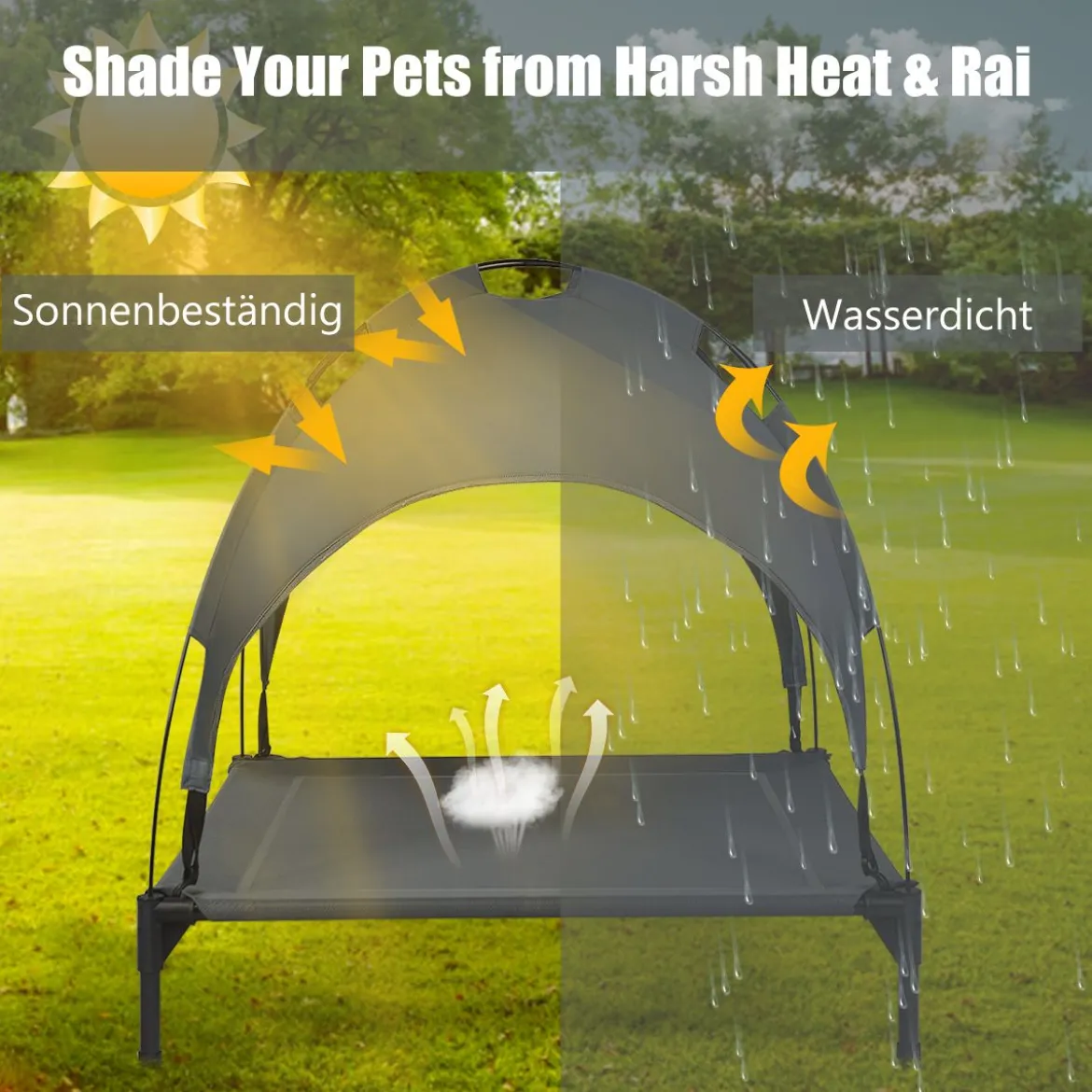 Hundebett mit Baldachin Hundeliege Garten Haustierbett und Zelt 105 x 87 x 89 cm Grau
