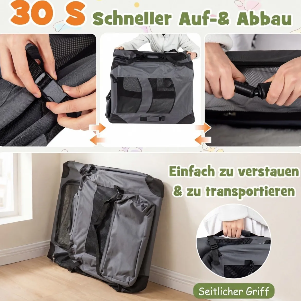 Hundebox Faltbar Tragbare Hundetransportbox mit Netzfenstern 3 Türen Tragegriffen M